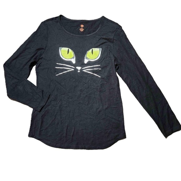 Tops - Womens Black Cat Long-Sleeved T-Shirt Top Blouse Size Medium